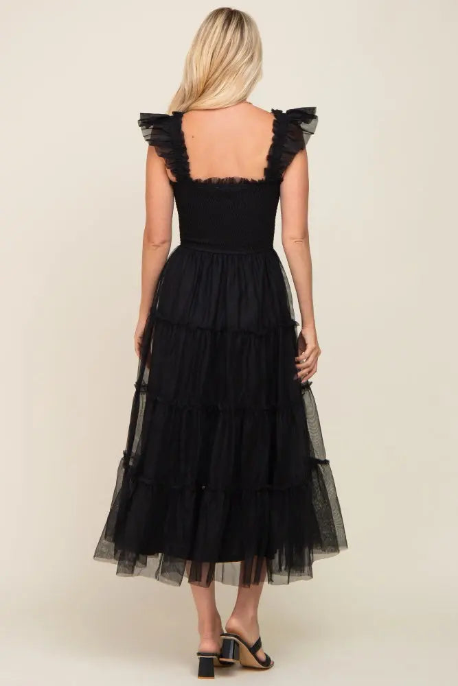 PinkBlush Elegant Black Mesh Midi Dress with Ruffle Accents for Stylish Women - Apparel & Accessories > Clothing > Dresses