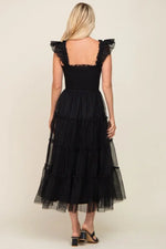 PinkBlush Elegant Black Mesh Midi Dress with Ruffle Accents for Stylish Women - Apparel & Accessories > Clothing > Dresses