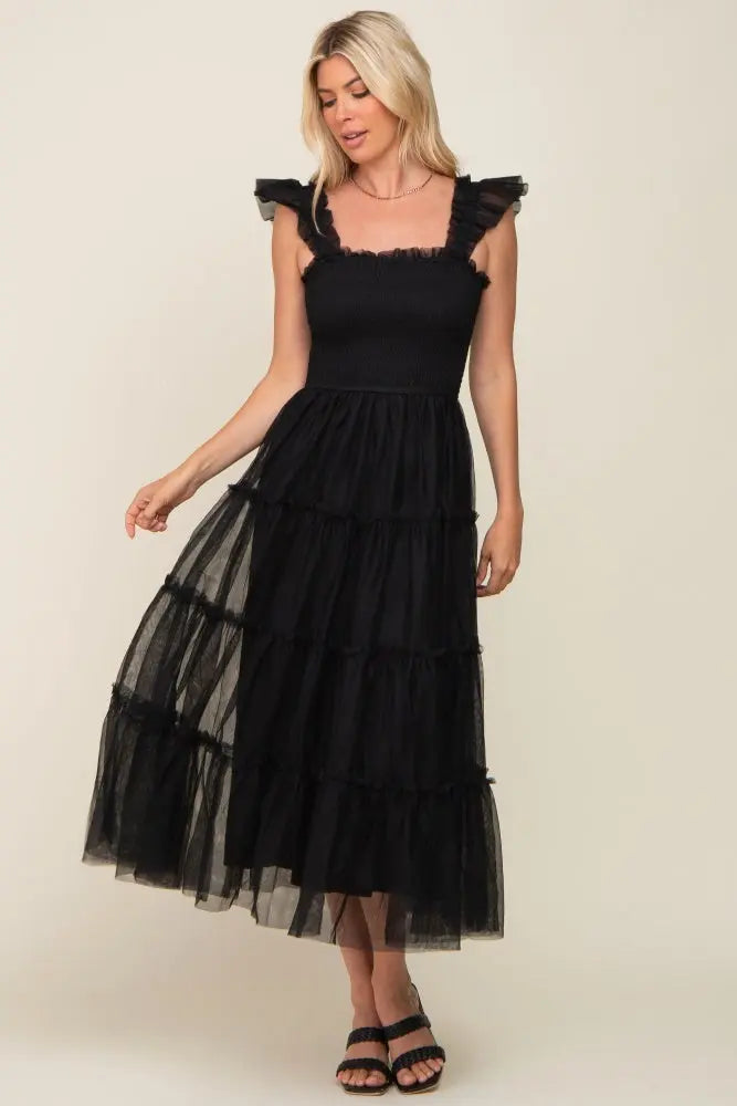 PinkBlush Elegant Black Mesh Midi Dress with Ruffle Accents for Stylish Women - Apparel & Accessories > Clothing > Dresses