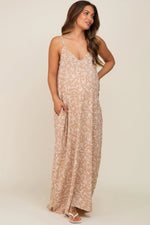 Taupe Leaf Print Double V-Neck Maternity Maxi Dress PinkBlush 