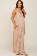 Taupe Leaf Print Double V-Neck Maternity Maxi Dress PinkBlush 