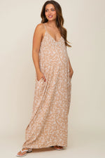 Taupe Leaf Print Double V-Neck Maternity Maxi Dress PinkBlush 