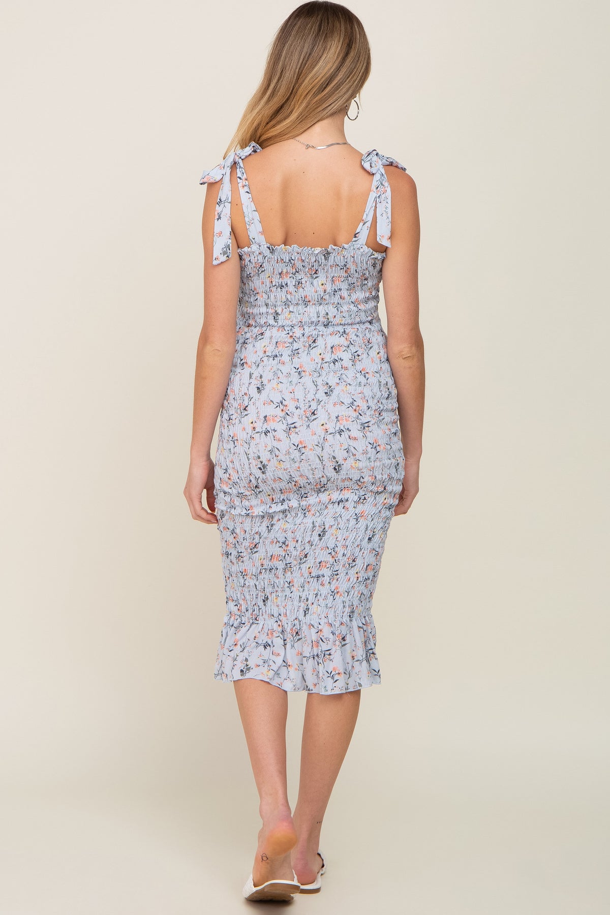 Light Blue Floral Smocked Fitted Maternity Dress by PinkBlush