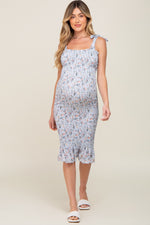 Light Blue Floral Smocked Fitted Maternity Dress by PinkBlush