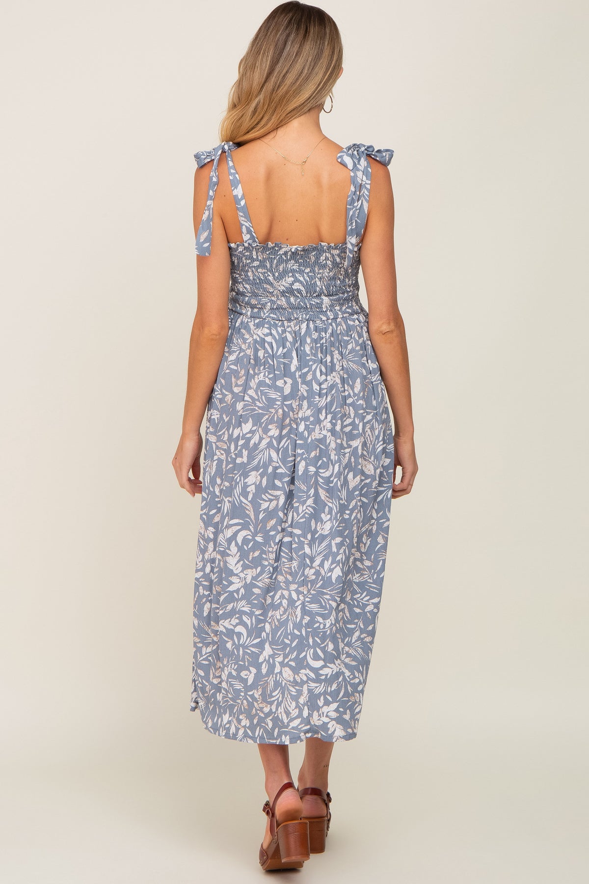 Light Blue Floral Smocked Shoulder Tie Maternity Midi Dress by PinkBlush at Everetts Place