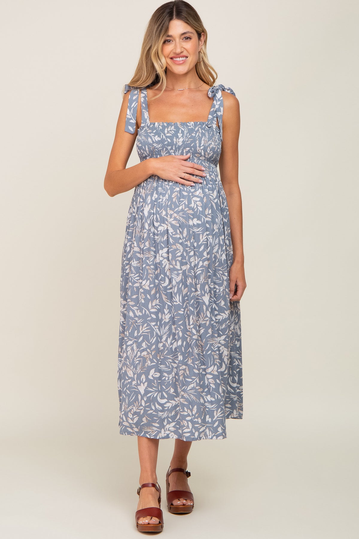 Light Blue Floral Smocked Shoulder Tie Maternity Midi Dress by PinkBlush at Everetts Place