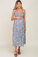 Light Blue Floral Smocked Shoulder Tie Maternity Midi Dress by PinkBlush at Everetts Place
