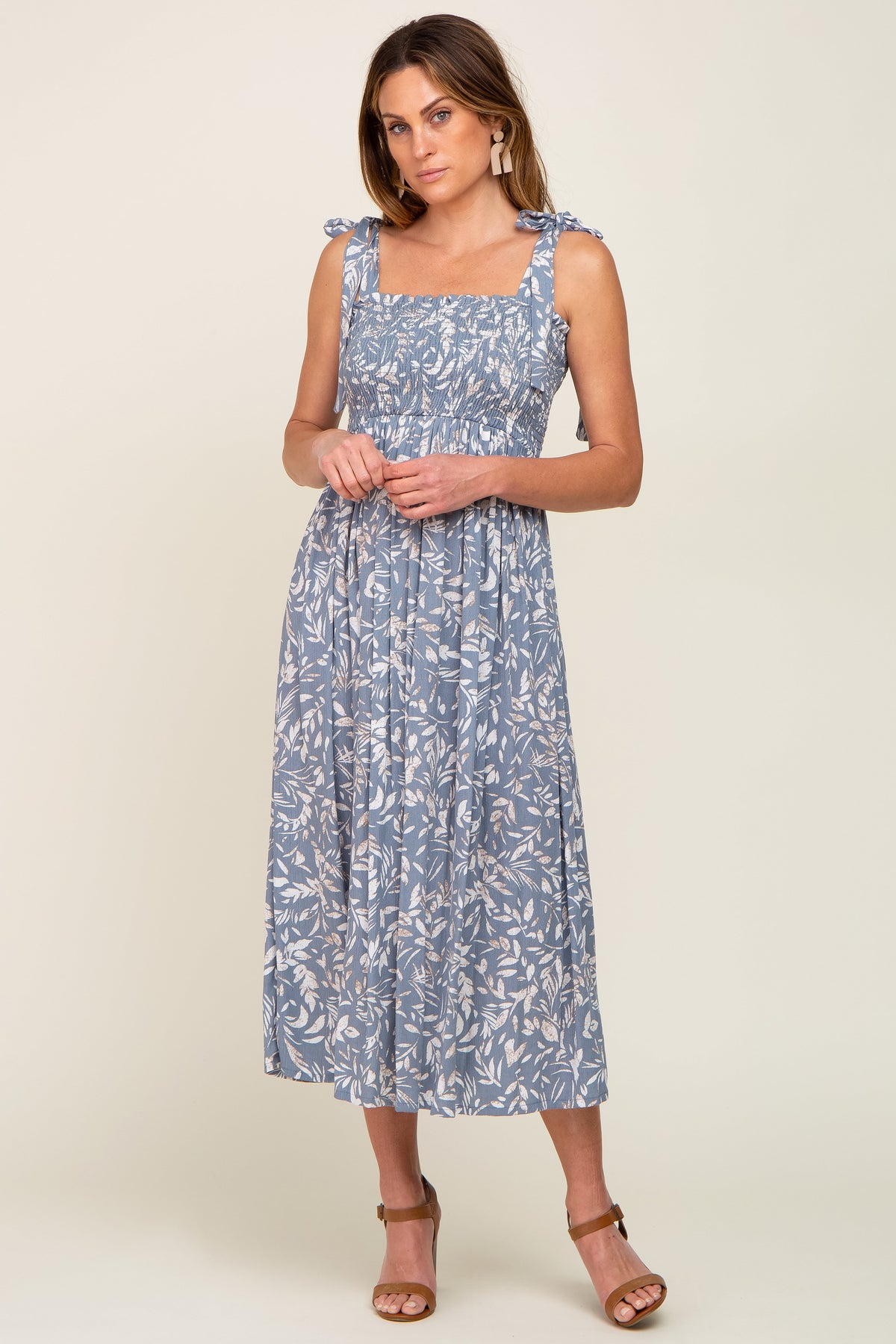 Light Blue Floral Smocked Shoulder Tie Midi Dress by PinkBlush at Everetts Place
