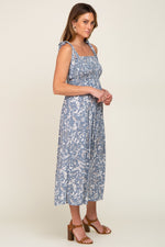 Light Blue Floral Smocked Shoulder Tie Midi Dress by PinkBlush at Everetts Place