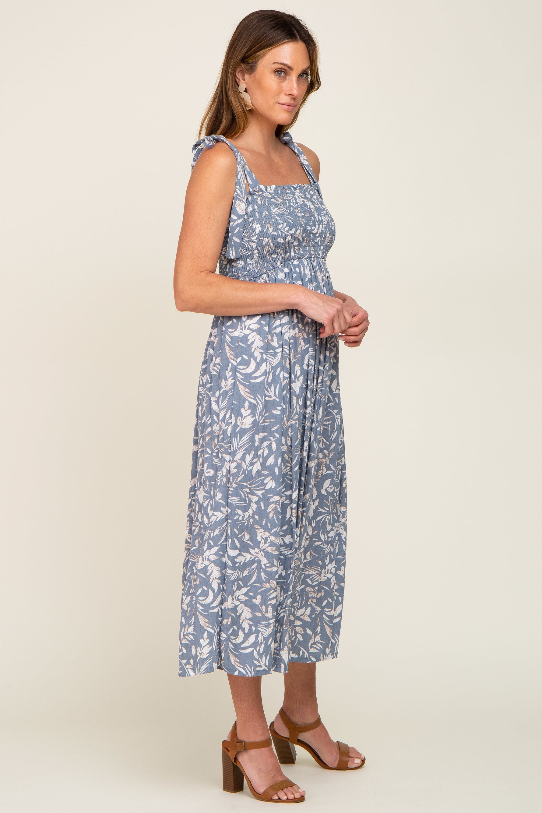 Light Blue Floral Smocked Shoulder Tie Midi Dress by PinkBlush at Everetts Place