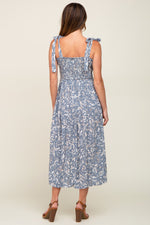 Light Blue Floral Smocked Shoulder Tie Midi Dress by PinkBlush at Everetts Place