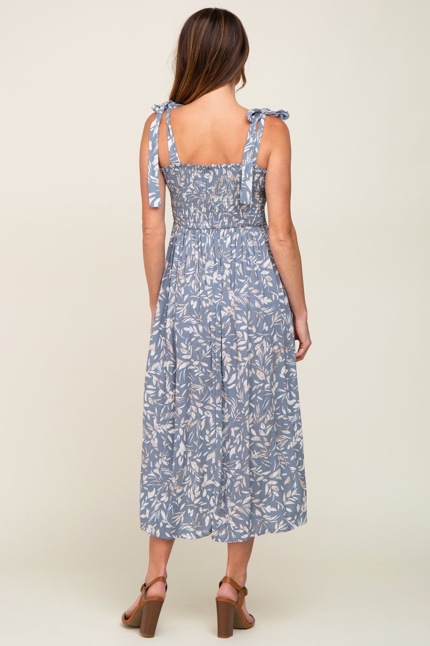 Light Blue Floral Smocked Shoulder Tie Midi Dress by PinkBlush at Everetts Place