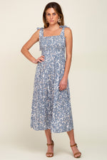 Light Blue Floral Smocked Shoulder Tie Midi Dress by PinkBlush at Everetts Place