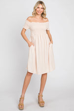 PinkBlush Peach Swiss Dot Maternity Dress with Smocked Bust and Pockets for Moms - Apparel & Accessories > Clothing > Dresses