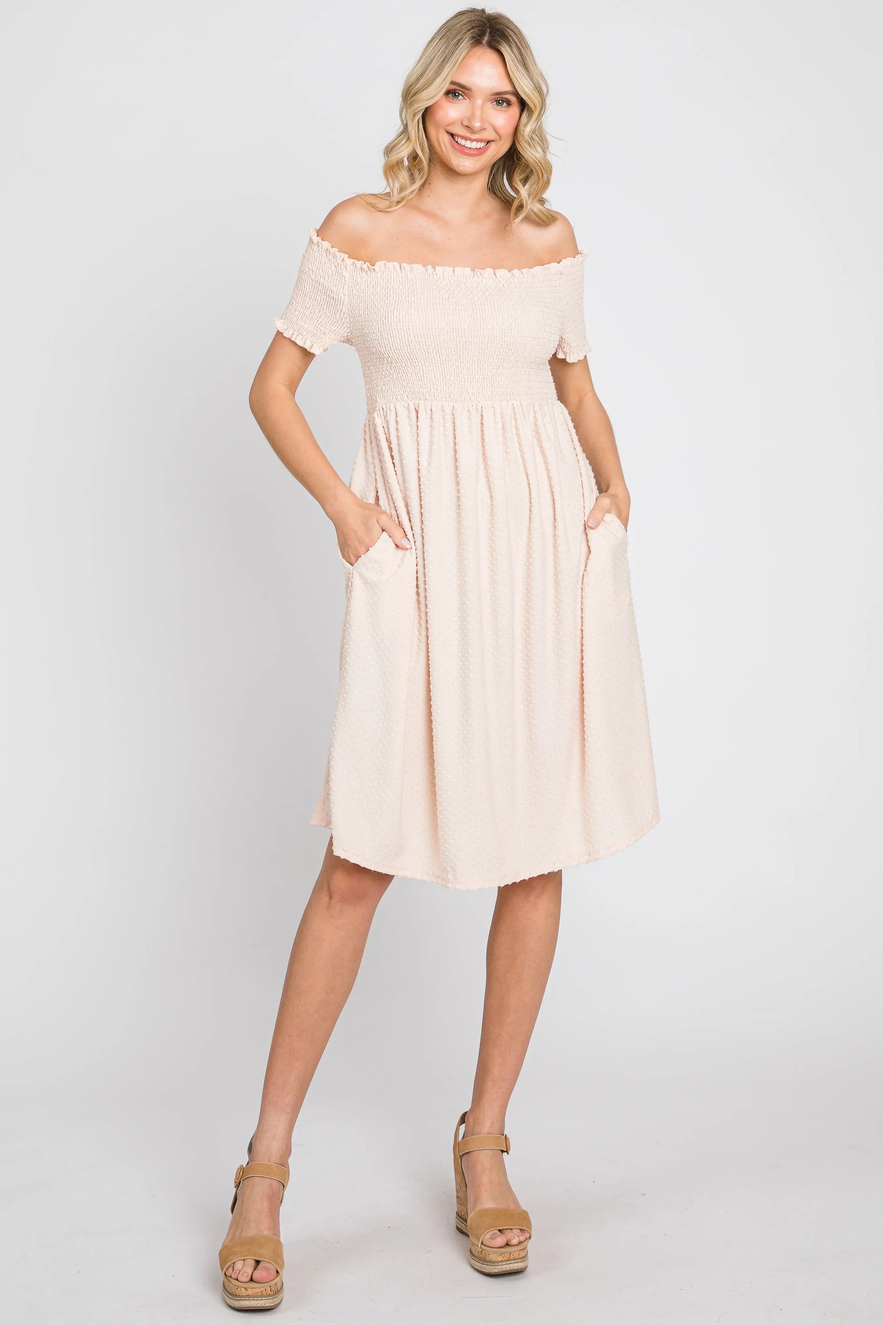 PinkBlush Peach Swiss Dot Maternity Dress with Smocked Bust and Pockets for Moms - Apparel & Accessories > Clothing > Dresses