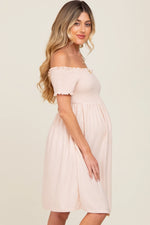 PinkBlush Peach Swiss Dot Maternity Dress with Smocked Bust and Pockets for Moms - Apparel & Accessories > Clothing > Dresses