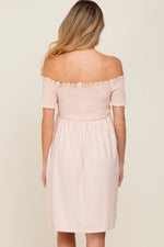 PinkBlush Peach Swiss Dot Maternity Dress with Smocked Bust and Pockets for Moms - Apparel & Accessories > Clothing > Dresses