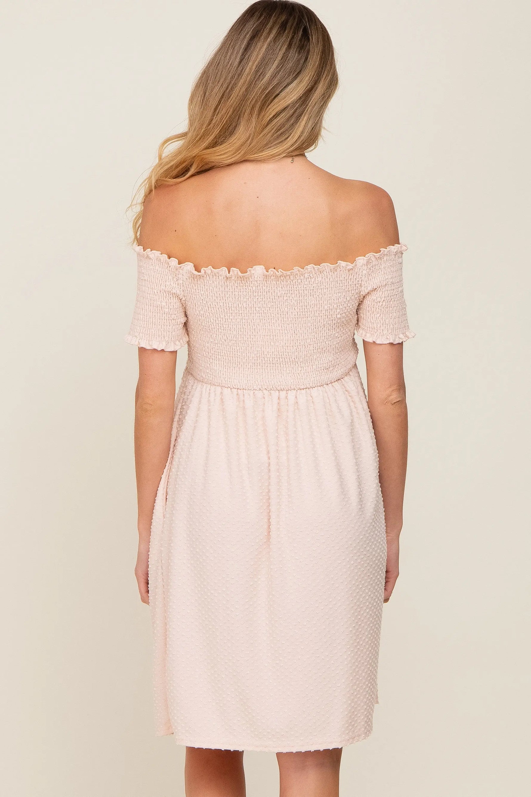 PinkBlush Peach Swiss Dot Maternity Dress with Smocked Bust and Pockets for Moms - Apparel & Accessories > Clothing > Dresses