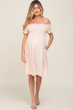 PinkBlush Peach Swiss Dot Maternity Dress with Smocked Bust and Pockets for Moms - Apparel & Accessories > Clothing > Dresses