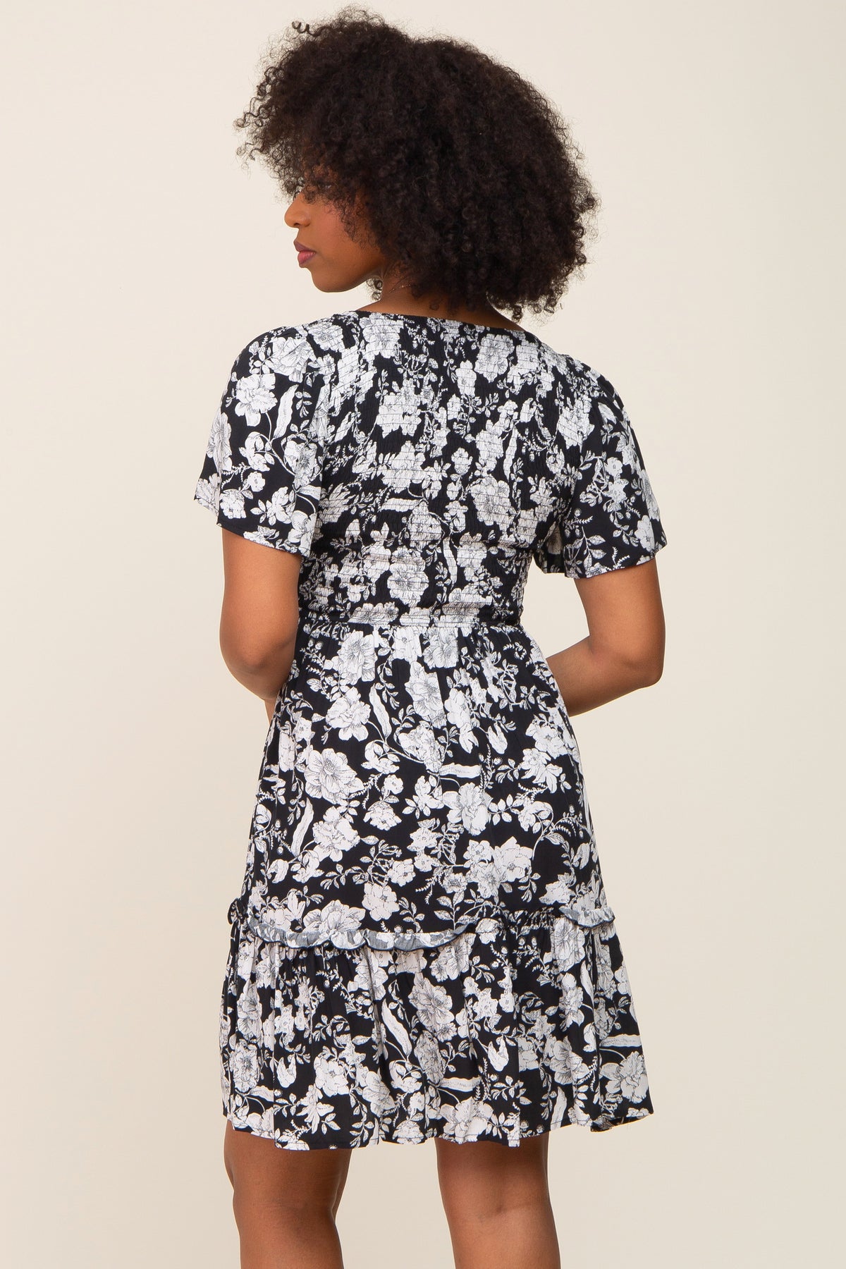 Black Floral Smocked Gathered Tier Dress by PinkBlush at Everetts Place