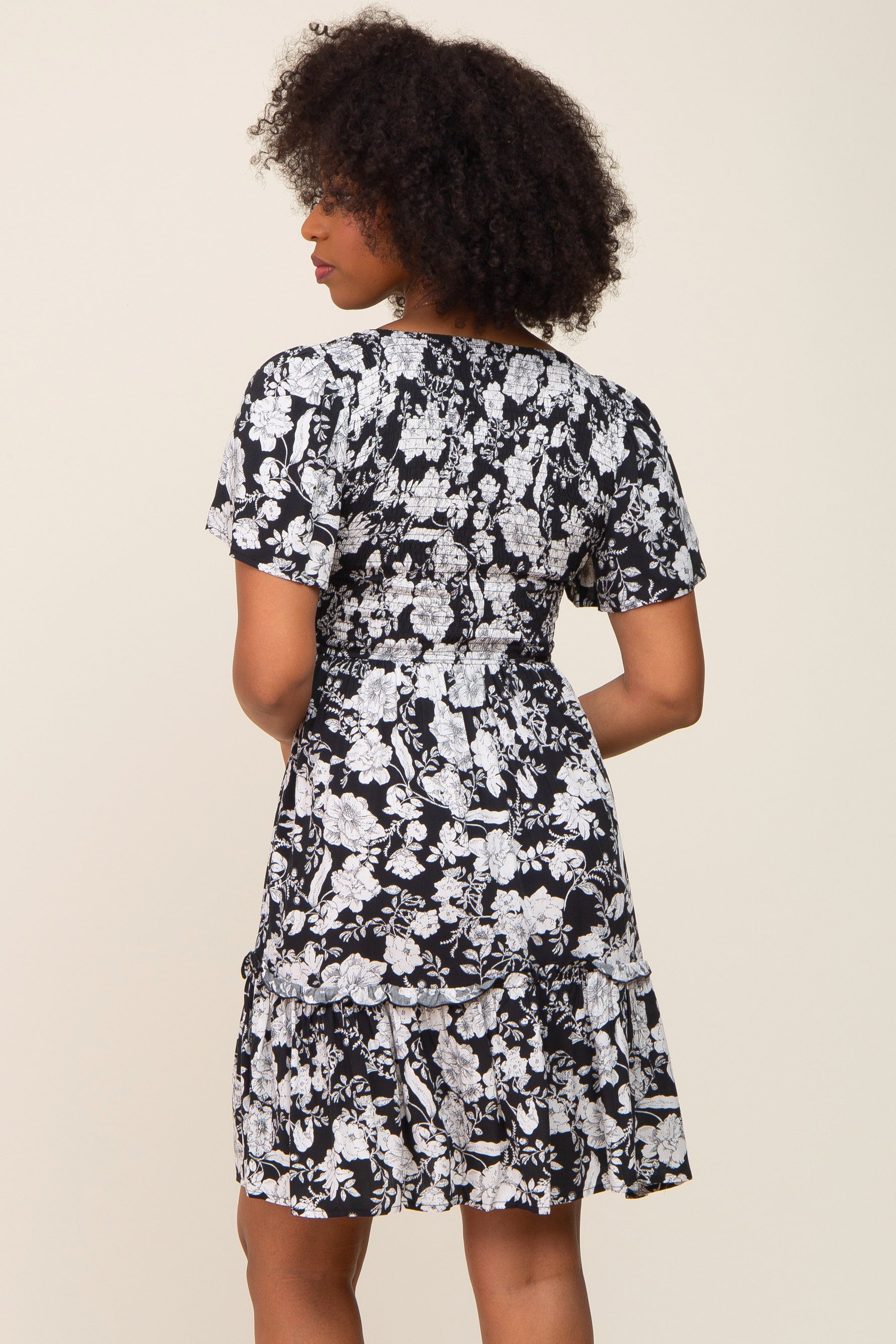 Black Floral Smocked Gathered Tier Dress by PinkBlush at Everetts Place