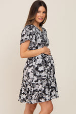 Black Floral Smocked Gathered Tier Maternity Dress by PinkBlush at Everetts Place