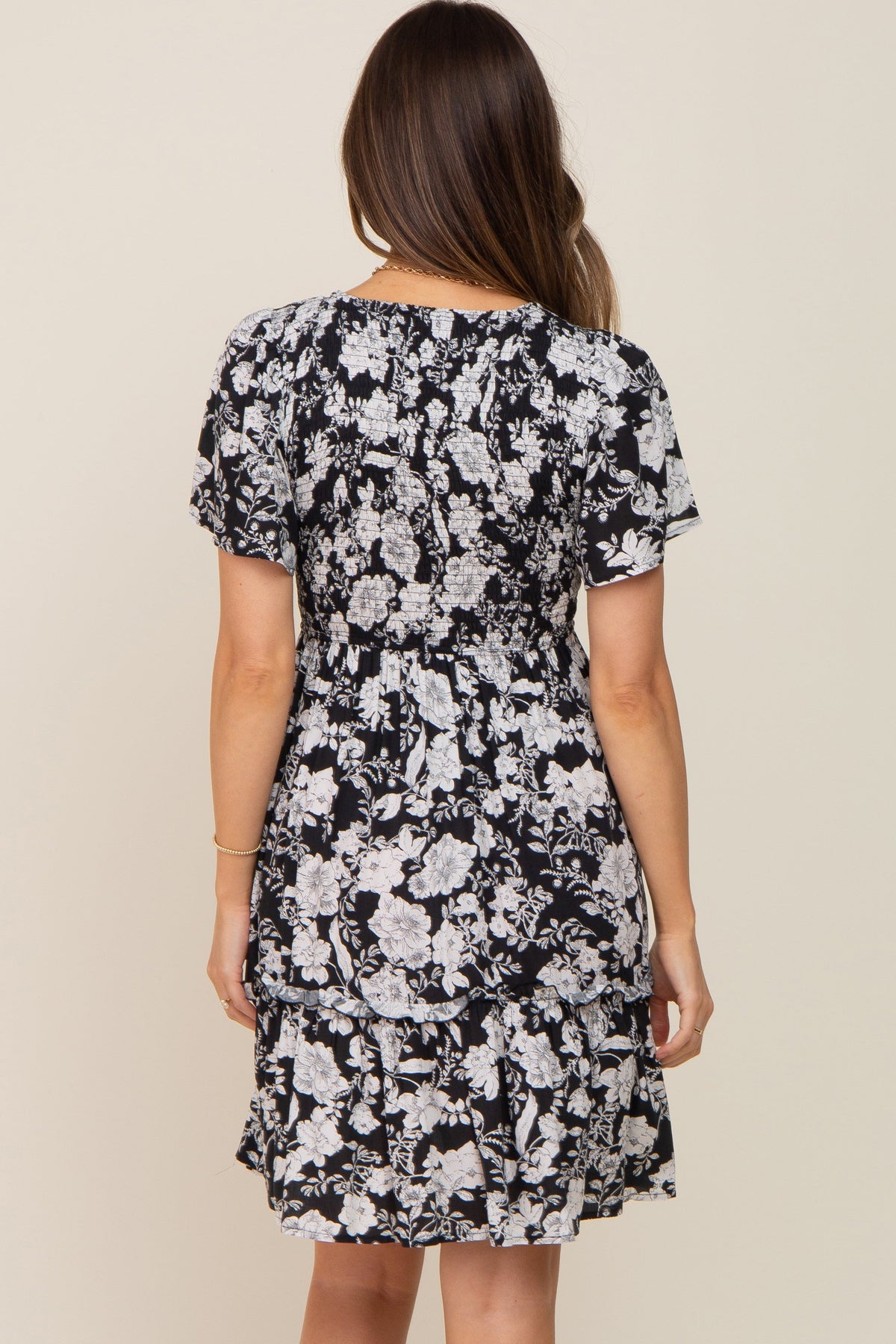 Black Floral Smocked Gathered Tier Maternity Dress by PinkBlush at Everetts Place