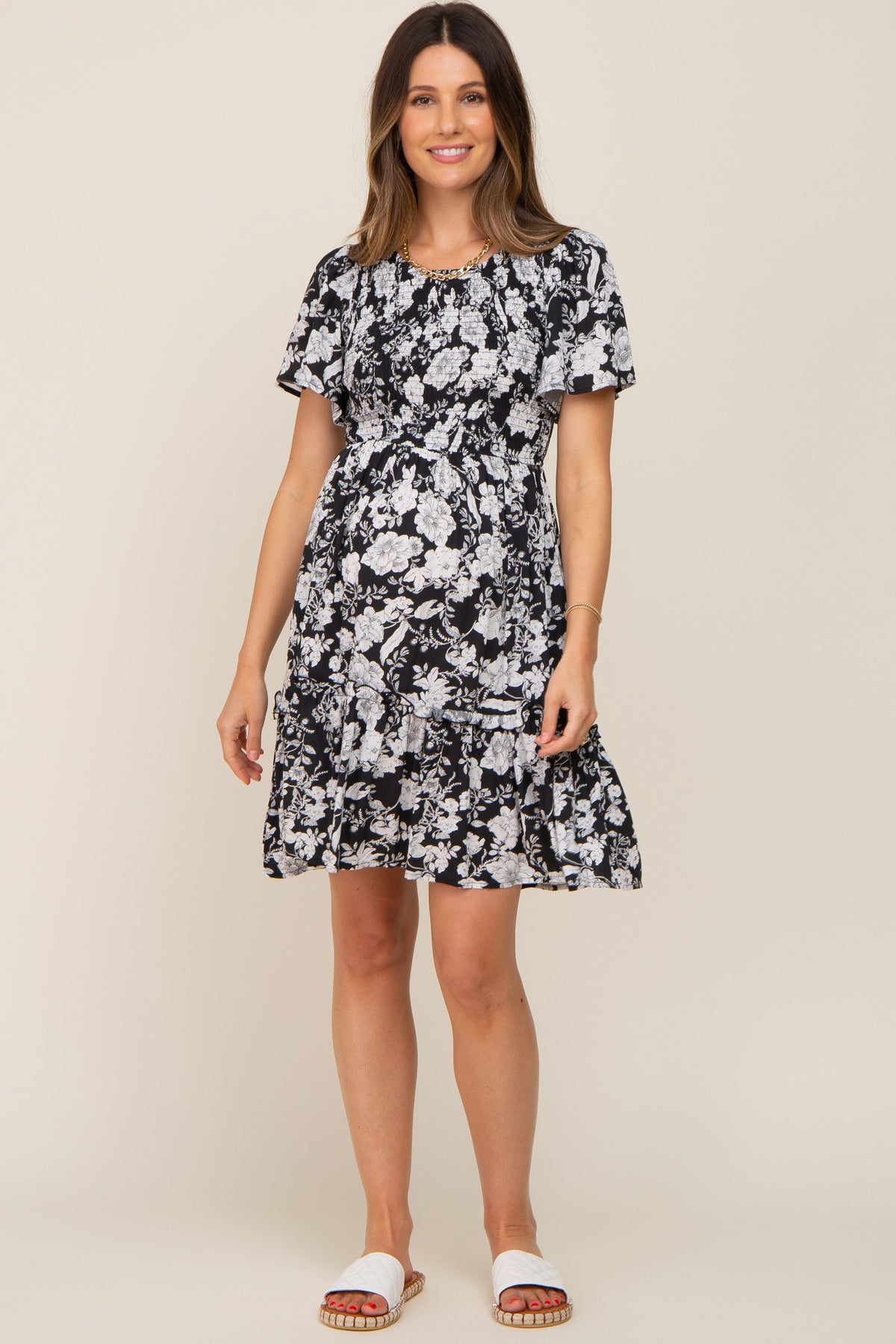 Black Floral Smocked Gathered Tier Maternity Dress by PinkBlush at Everetts Place