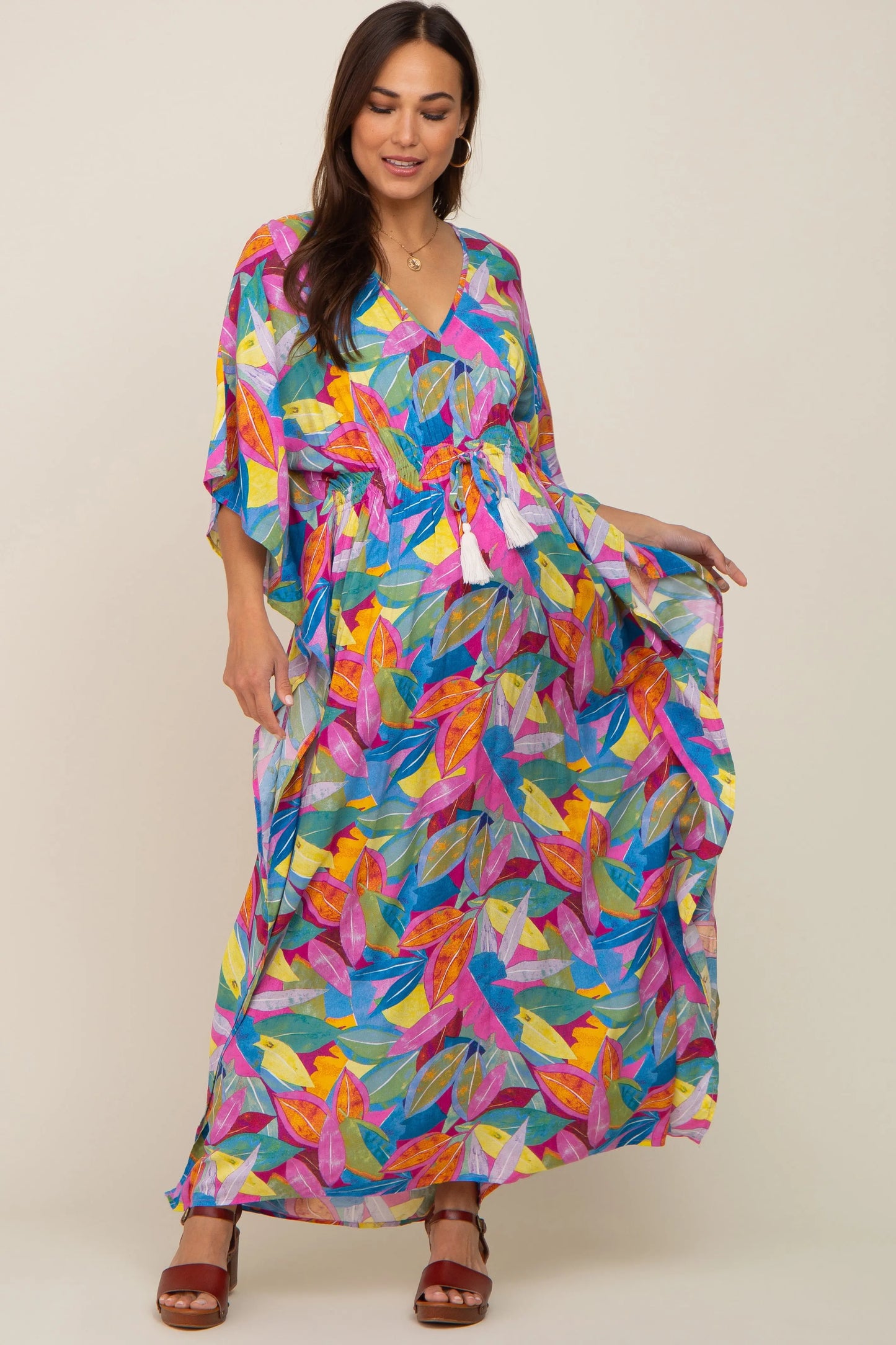 PinkBlush Magenta Maternity Maxi Dress with Leaf Print and Tassel Tie for Stylish Moms - Apparel & Accessories > Clothing > Dresses