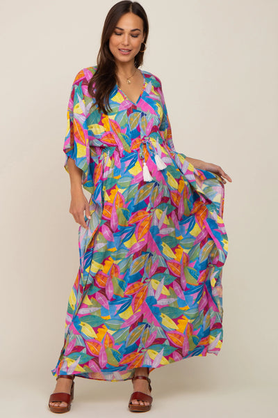 Magenta Maternity Maxi Dress with Leaf Print and Tassel Tie for Stylish Moms