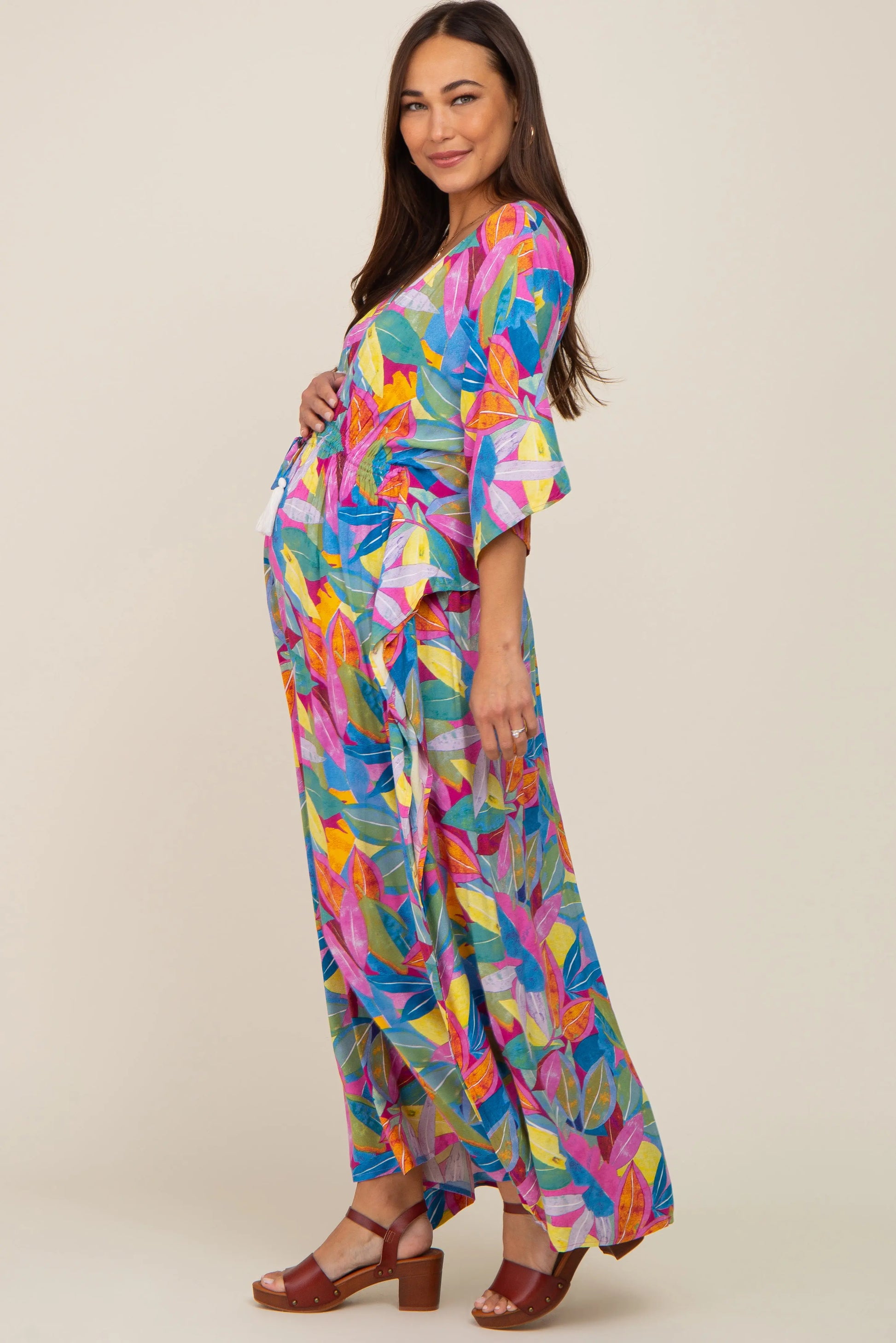 PinkBlush Magenta Maternity Maxi Dress with Leaf Print and Tassel Tie for Stylish Moms - Apparel & Accessories > Clothing > Dresses