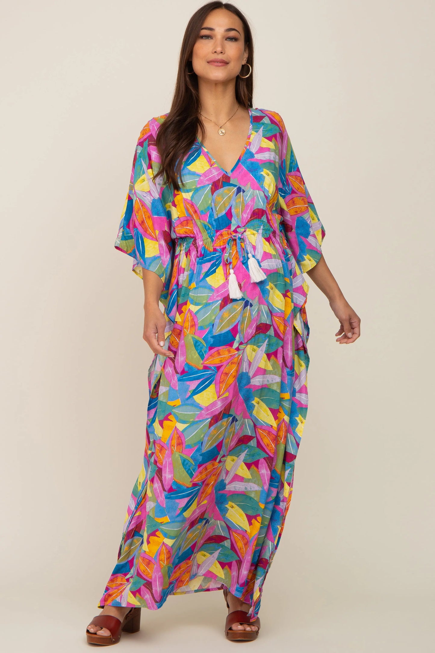 PinkBlush Magenta Maternity Maxi Dress with Leaf Print and Tassel Tie for Stylish Moms - Apparel & Accessories > Clothing > Dresses
