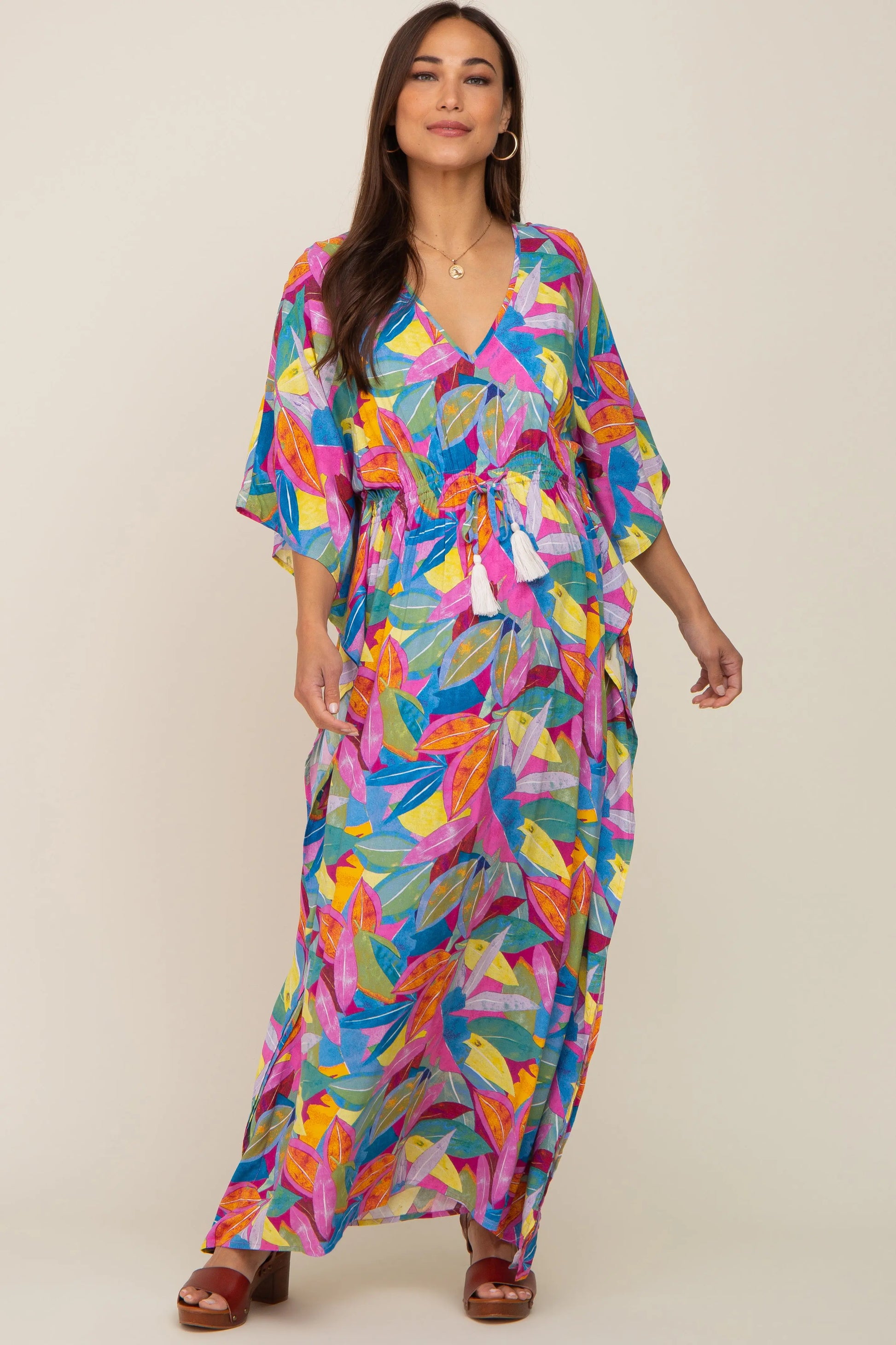 PinkBlush Magenta Maternity Maxi Dress with Leaf Print and Tassel Tie for Stylish Moms - Apparel & Accessories > Clothing > Dresses