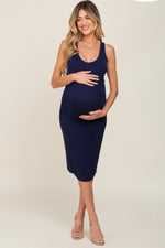 PinkBlush Navy Sleeveless Fitted Ruched Maternity Dress with Rounded Neckline for Expecting Mothers - Apparel & Accessories > Clothing > Dresses