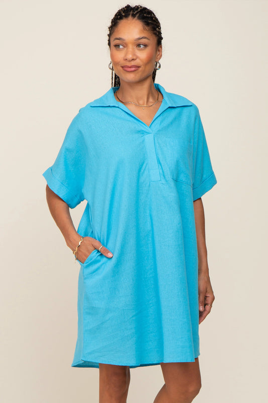 PinkBlush Light Blue Linen Dress with Front Pocket for Stylish Summer Wear - Apparel & Accessories > Clothing > Dresses