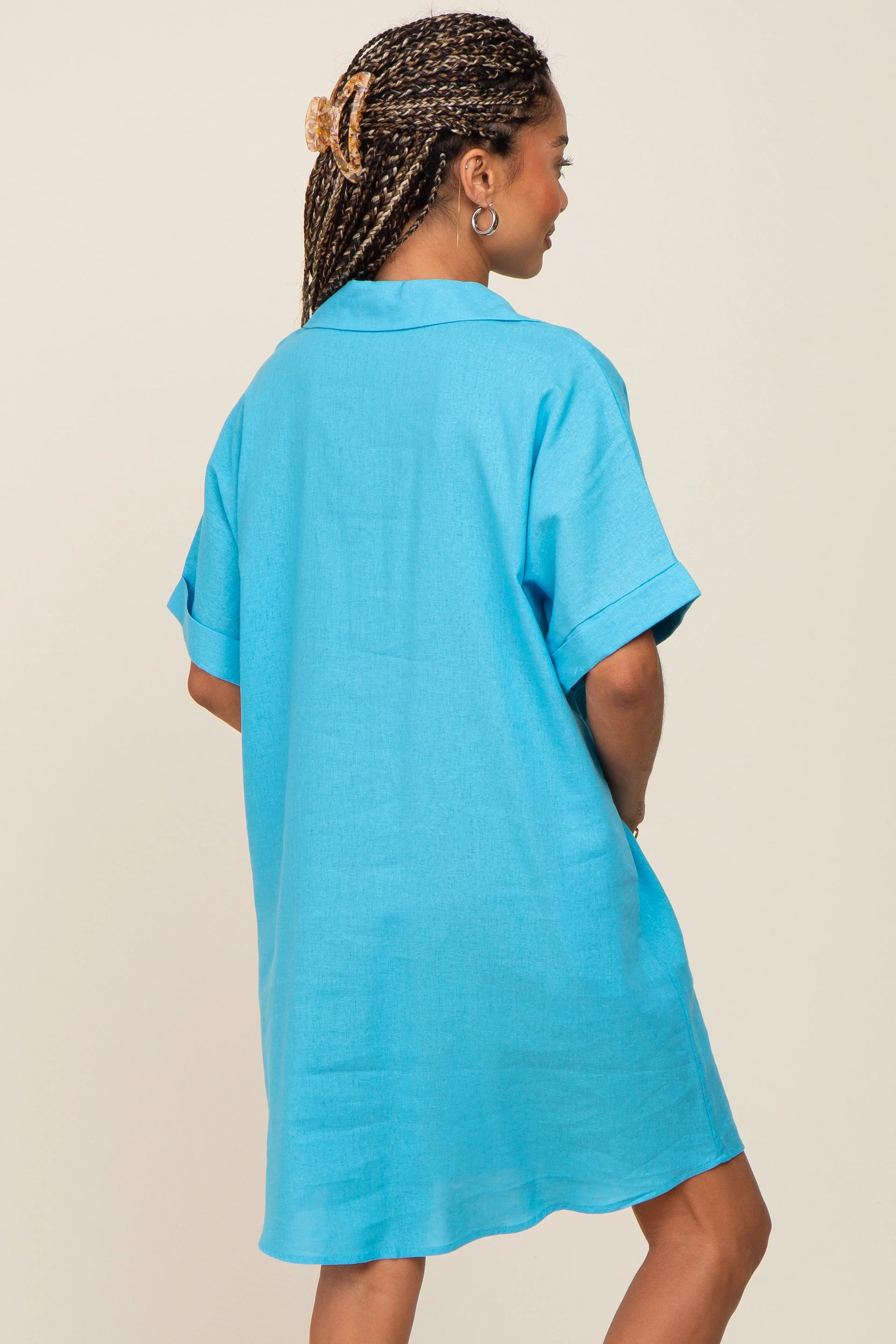 PinkBlush Light Blue Linen Dress with Front Pocket for Stylish Summer Wear - Apparel & Accessories > Clothing > Dresses