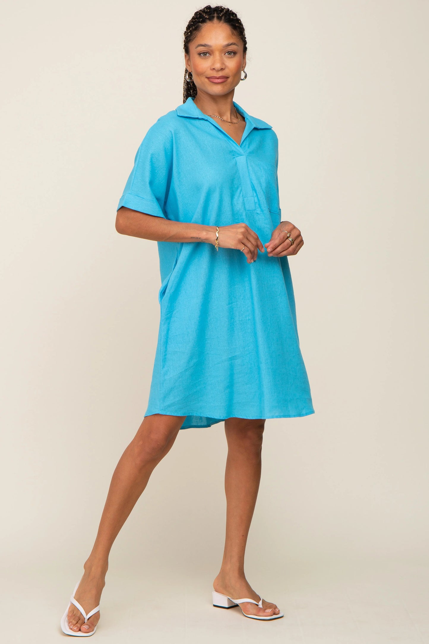 PinkBlush Light Blue Linen Dress with Front Pocket for Stylish Summer Wear - Apparel & Accessories > Clothing > Dresses
