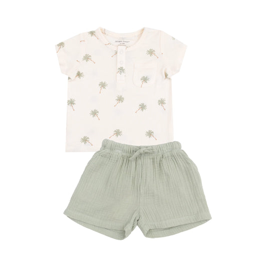 Henley With Pocket And Muslin Short Set Palm Trees.