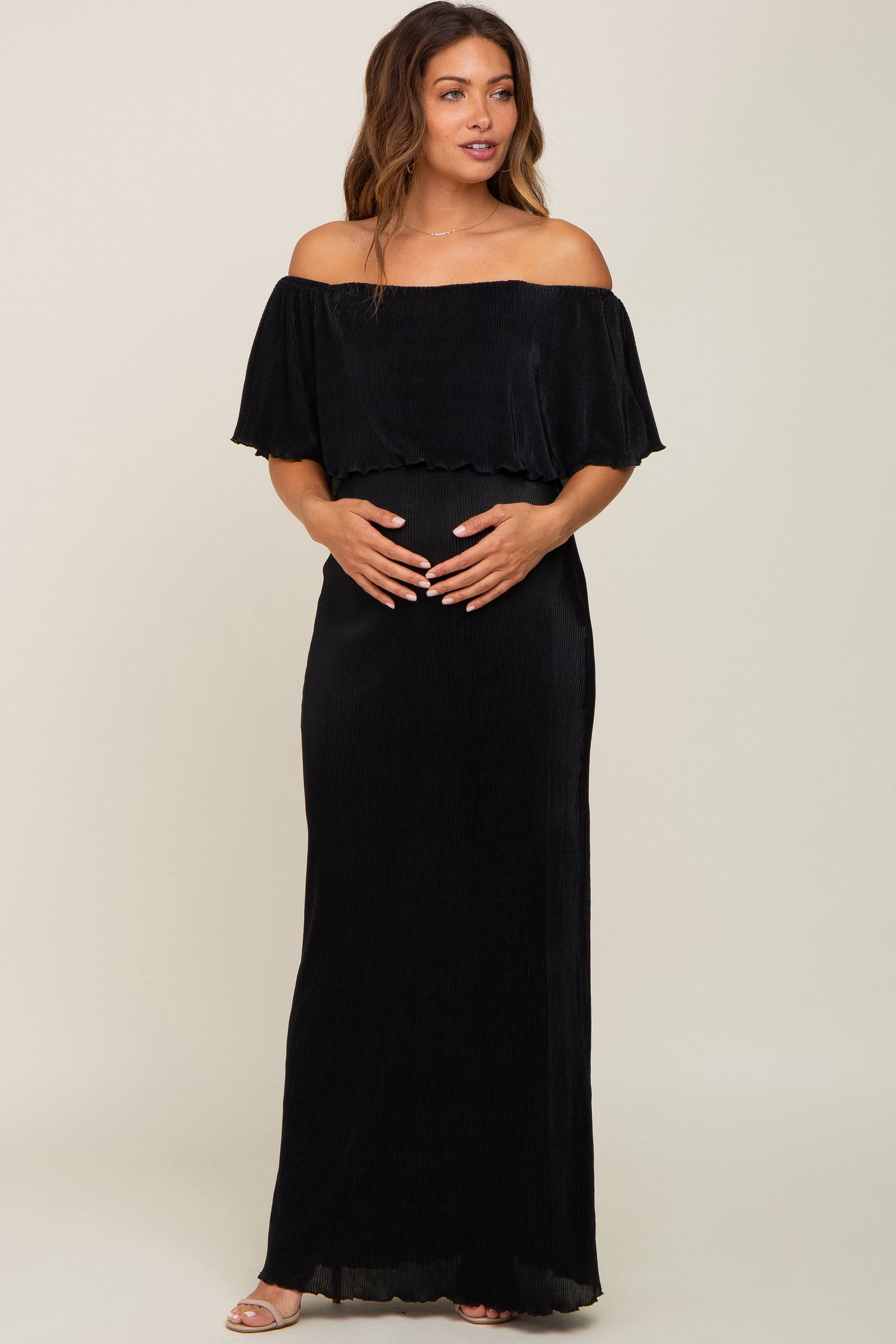 Black Pleated Ruffle Off Shoulder Maternity Maxi Dress by PinkBlush at Everetts Place