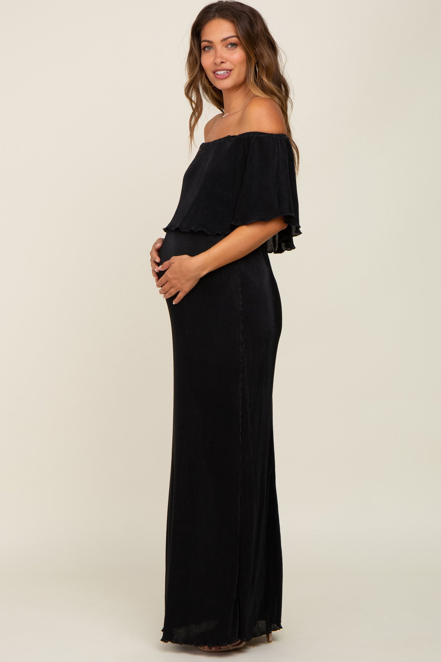 Black Pleated Ruffle Off Shoulder Maternity Maxi Dress by PinkBlush at Everetts Place