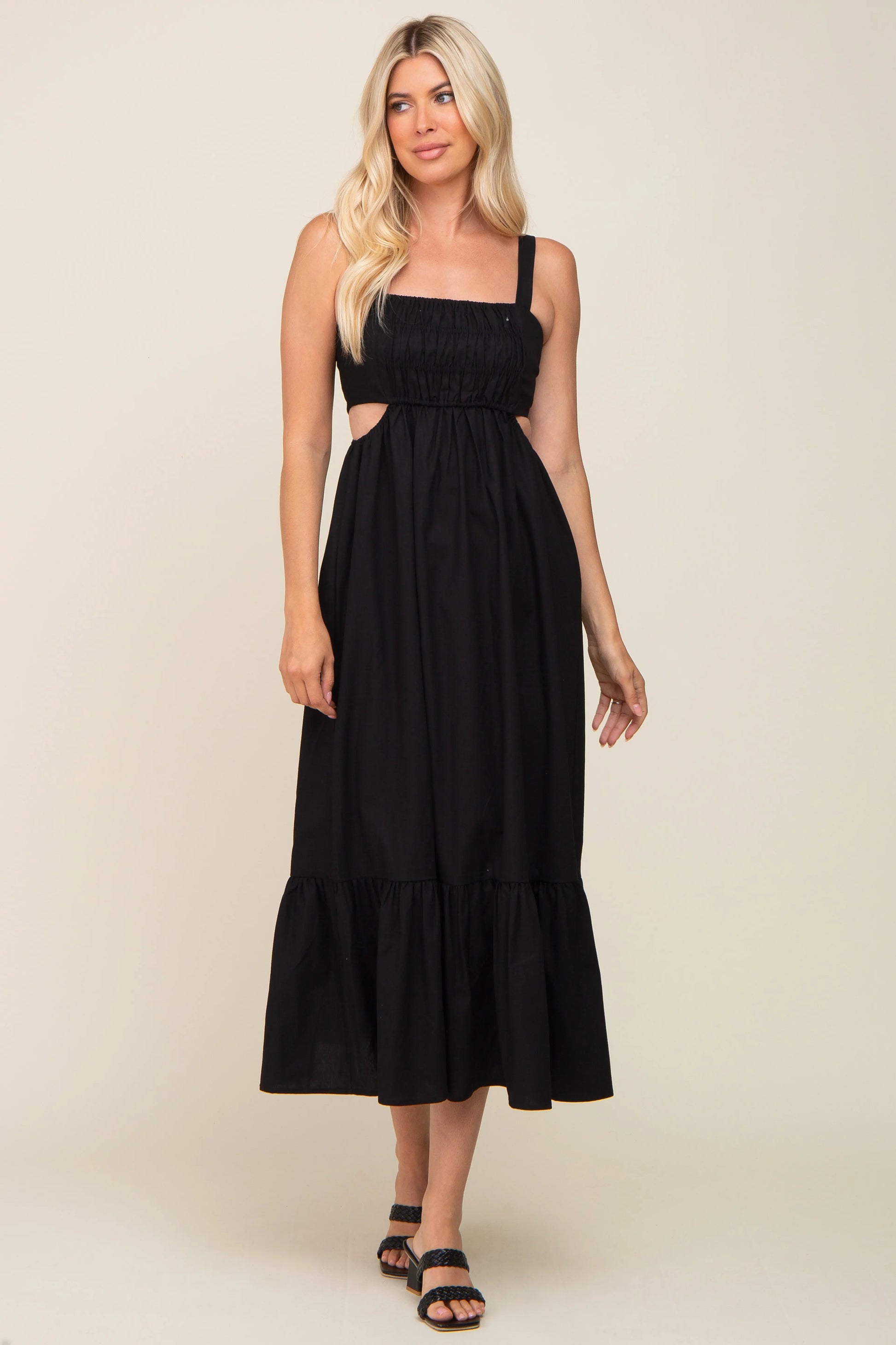 PinkBlush Elegant Black Maxi Dress with Cutout Ruffle Hem for Modern Women - Apparel & Accessories > Clothing > Dresses
