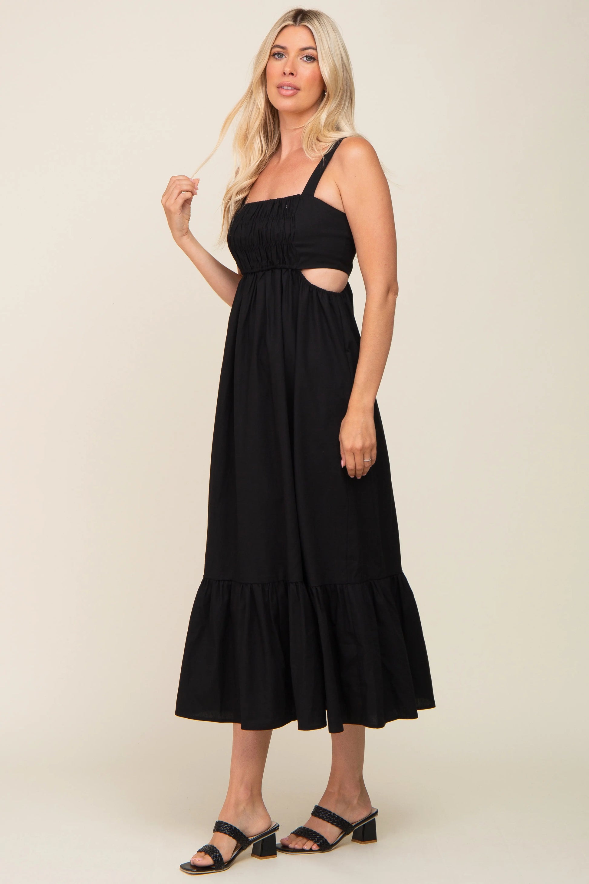 PinkBlush Elegant Black Maxi Dress with Cutout Ruffle Hem for Modern Women - Apparel & Accessories > Clothing > Dresses