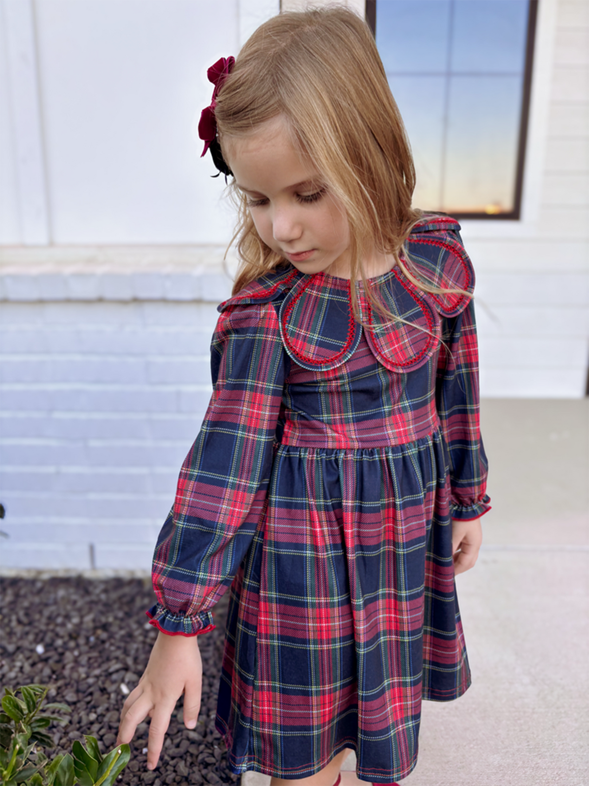 Polyester Blend Dress, Fall Plaid, Petal Collar, Puff Sleeve, Long by Rylee Faith Designs