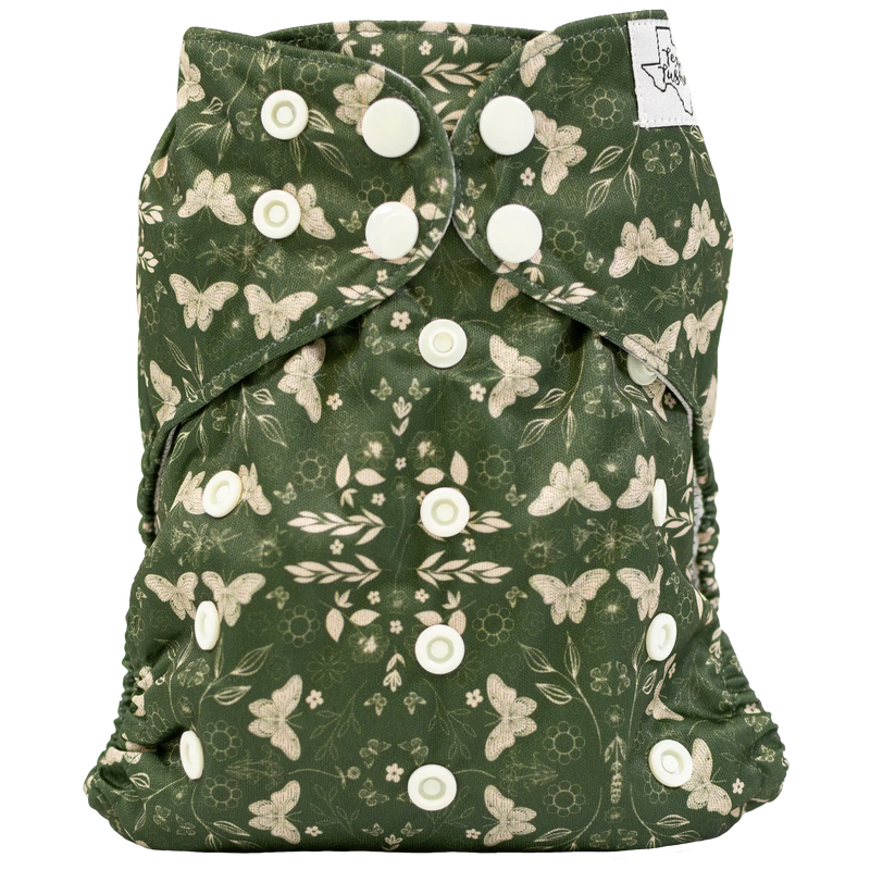 Green Slim Fit Pocket Cloth Diaper with butterfly print and white snaps.