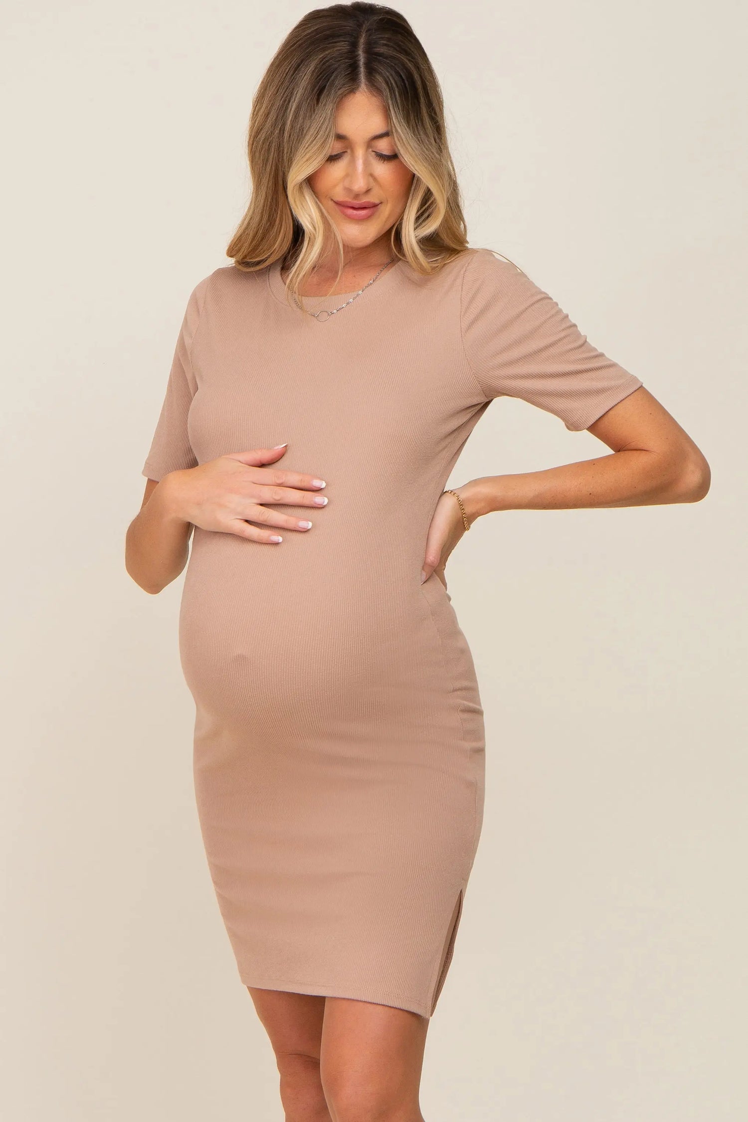 Taupe Ribbed Basic Short Sleeve Maternity Dress PinkBlush 