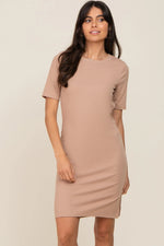 Taupe Ribbed Basic Short Sleeve Maternity Dress PinkBlush 