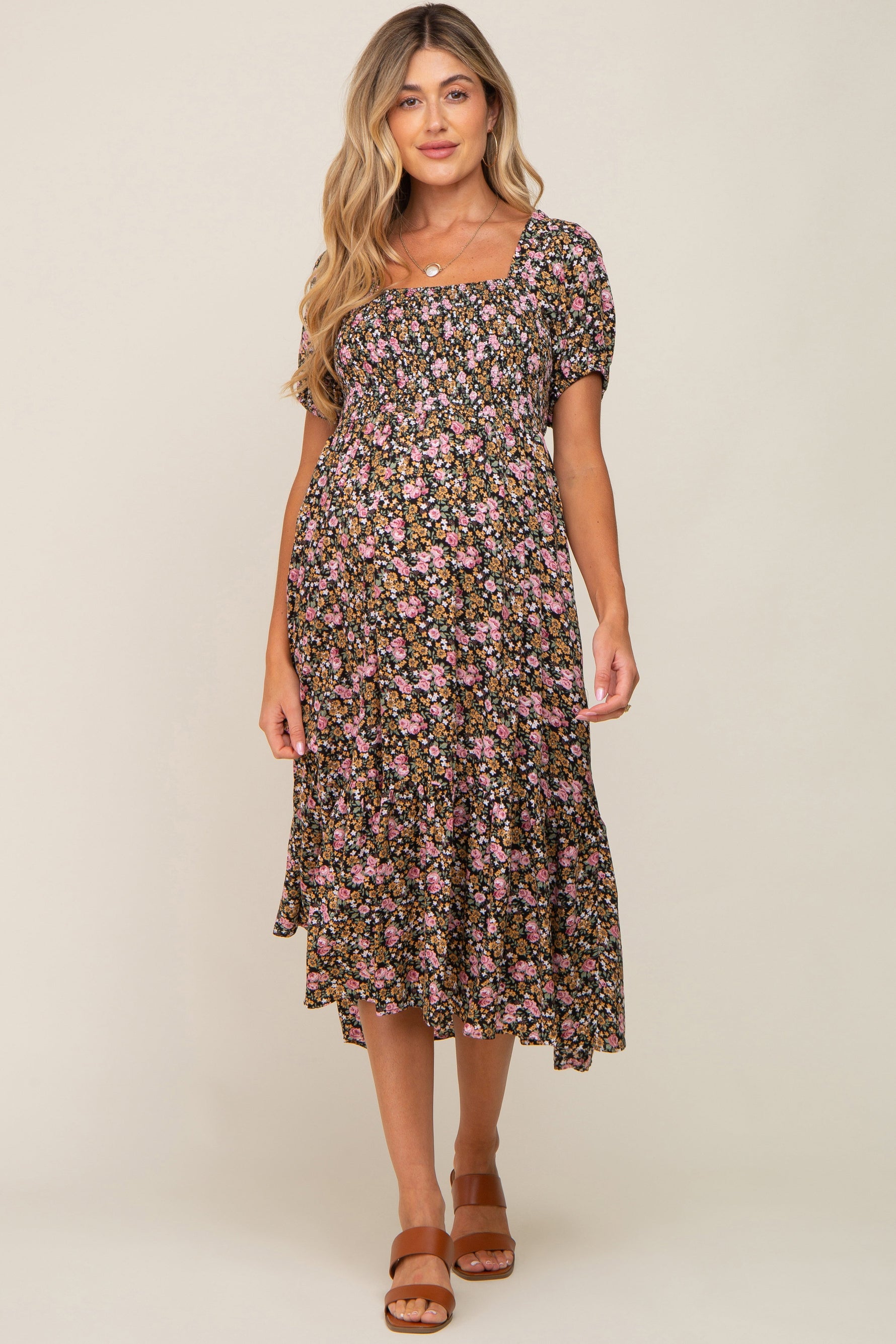Pink floral smocked puff sleeve maternity midi dress