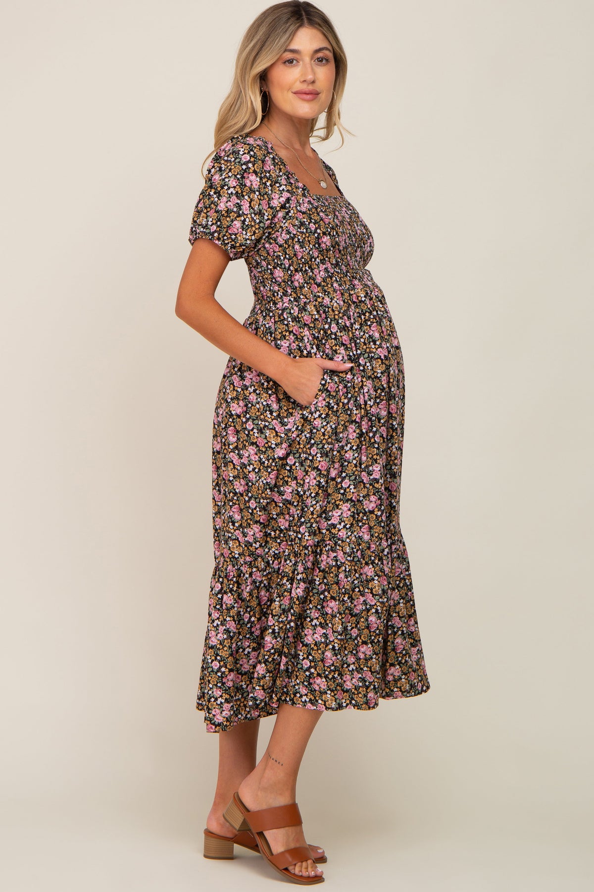 PinkBlush pink floral smocked puff sleeve maternity midi dress