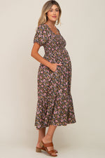 PinkBlush pink floral smocked puff sleeve maternity midi dress