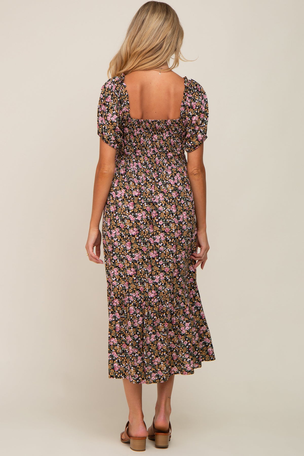 PinkBlush pink floral smocked puff sleeve maternity midi dress